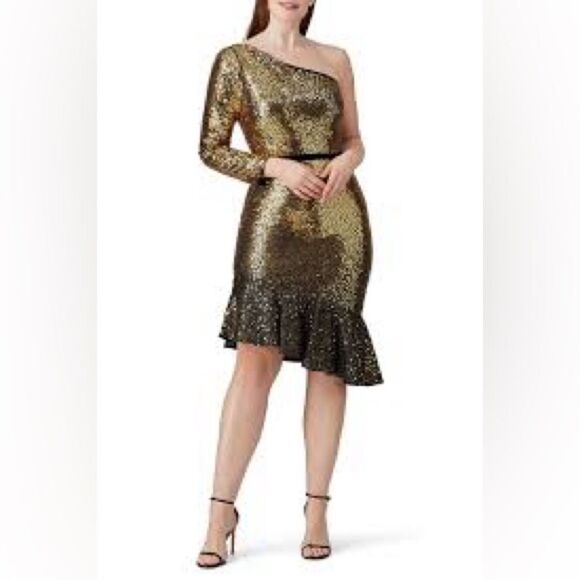MARCHESA NOTTE Gold Sequin Ruffle Asymmetric One Shoulder Cocktail Dress Size 8 - Picture 1 of 7